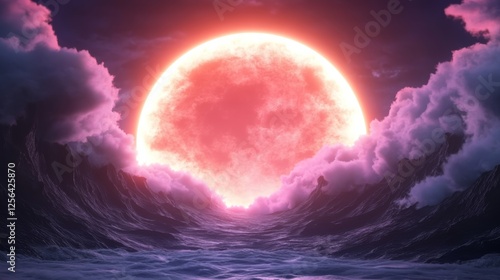 Surreal landscape with a giant pink sun rising over dark mountains and a sea. Dreamlike, mystical atmosphere.
