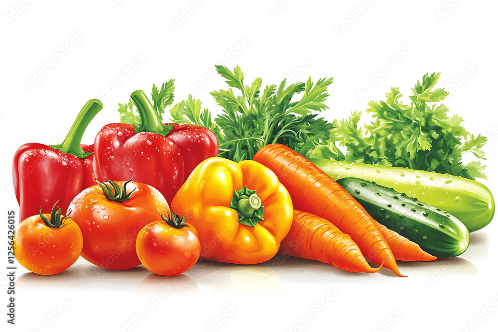 A clean and vibrant vector illustration of fresh vegetables, featuring a variety of colorful produce such as tomatoes, carrots, bell peppers, cucumbers, and leafy greens A clean and vibrant vector illustration of fresh vegetables, featuring a variety of colorful produce such as tomatoes, carrots, bell peppers, cucumbers, and leafy greens