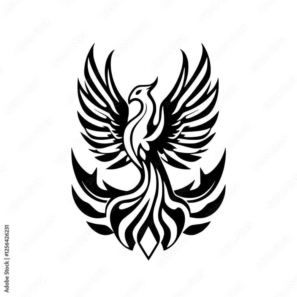 Obraz premium Majestic Phoenix Symbol in Bold Black and White, Depicting a Fierce and Symbolic Ascending Design, Isolated on a White Background.