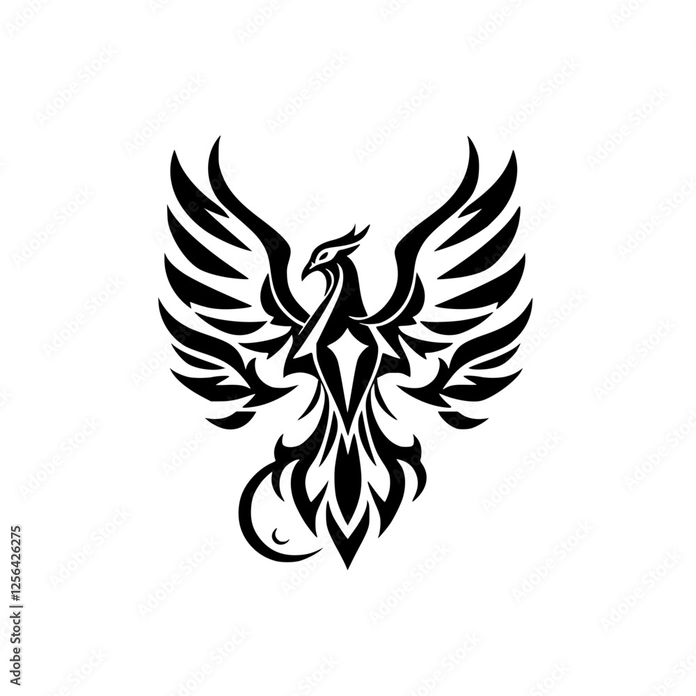 Obraz premium Modern Phoenix silhouette rising on the prowl. S V Keywords Birds: Tribal. bold. powerful. elegant, graceful. phoenix: mythical. simple, tattoo. style. mystical, graphic, tribal, abstract, graphic, bl