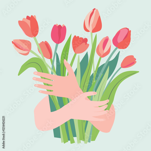 A bright, voluminous bouquet filled with red and pink tulips of various shapes, with strong leaves and stems, is held in the arms. Soft greed background. For greeting postcards, invitations, books.