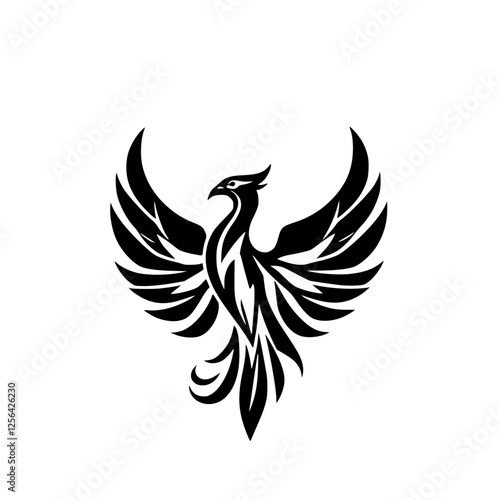Regal, Black stylized phoenix emblem of a Phoenix, wings-spread profile, black on a white background.