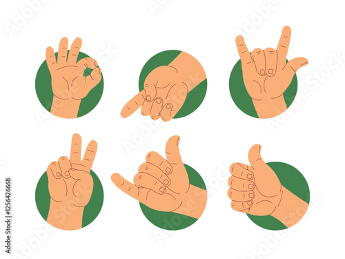 A vector illustration of various hand gestures symbolizing communication, emotions, and social interactions. Simple and recognizable signs for use in design, marketing, and social media.