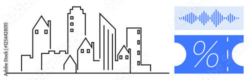 Urban skyline with various building shapes, sound wave icon, percentage sign on a discount coupon. Ideal for urban planning, real estate, technology, retail, discount promotions, advertising