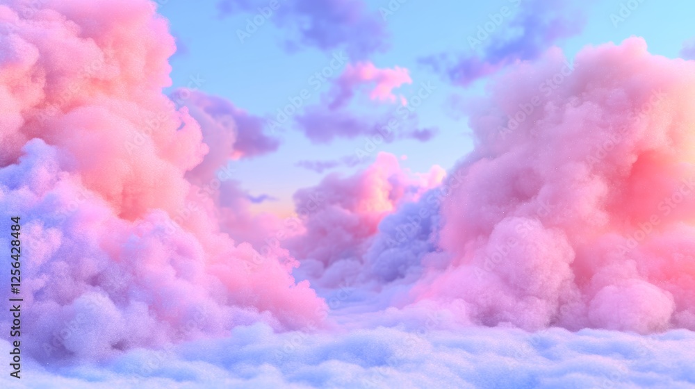 Fototapeta premium Dreamy pastel cloudscape. Soft pink and purple hues fill the sky, creating a magical atmosphere.