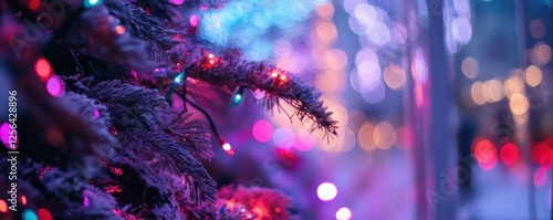 Vibrant christmas lights on snow-dusted pine tree