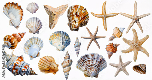 Set of watercolor stickers or stickers with sea shells: spiral shells, white background photo