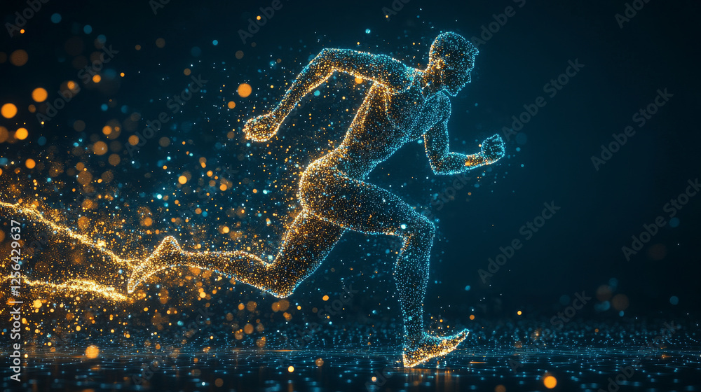 Runner consists of points. Particles in the form of a runner on a dark background. Vector illustration. Graphic concept running. Runner consists of points. Particles in the form of a runner on a dark background. Vector illustration. Graphic concept running.