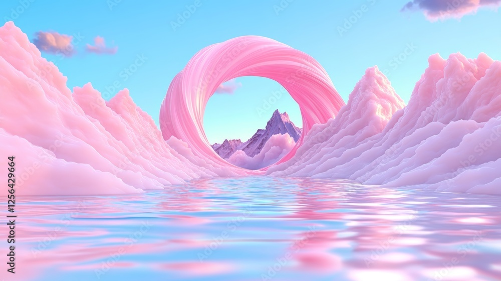 Obraz premium Surreal landscape: Pink clouds, calm water, and a majestic mountain range. Dreamlike scenery in soft pastel hues.