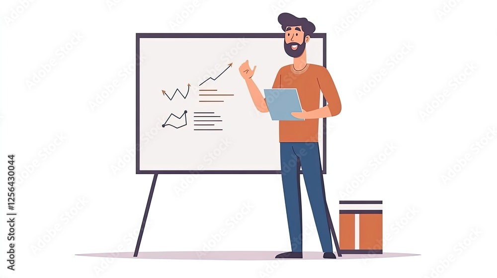 Confident professional presenting a project report on a whiteboard, motivating the team and encouraging effective collaboration Confident professional presenting a project report on a whiteboard, motivating the team and encouraging effective collaboration