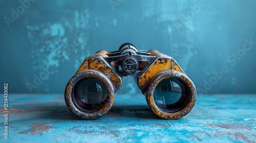 A weathered pair of binoculars with a rugged appearance resting on a blue textured surface
