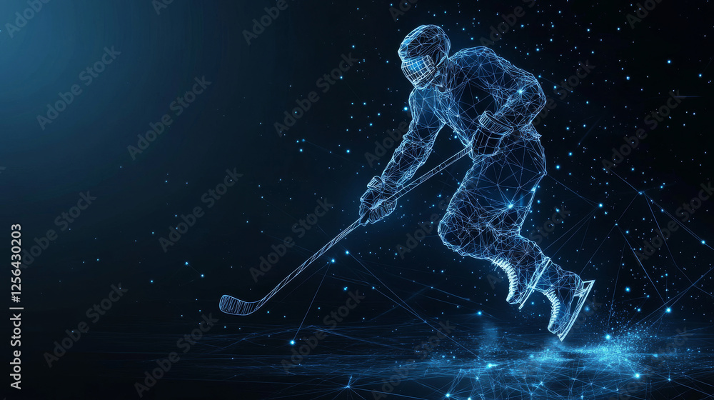 Hockey player consists of points, lines and triangles. The polygon shape in the form of a silhouette of a hockey player on a dark background. Vector illustration. Graphic concept of hockey. Hockey player consists of points, lines and triangles. The polygon shape in the form of a silhouette of a hockey player on a dark background. Vector illustration. Graphic concept of hockey.