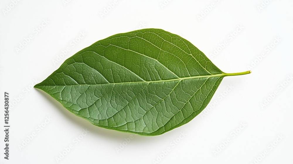 Fototapeta premium A single fresh green leaf rests on a clean white background, highlighting the intricate veins and vibrant color. This minimalist composition emphasizes natural beauty