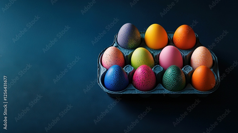 A carton of multicolored eggs rests on a dark blue background, surrounded by two lone eggs, one at either end A carton of multicolored eggs rests on a dark blue background, surrounded by two lone eggs, one at either end