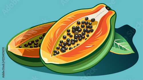Fresh, ripe papaya cut open displays juicy orange flesh and black seeds.