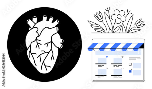 Anatomical heart, storefront webpage with blue striped awning, flower elements. Ideal for e-commerce, health awareness, online retail, nature, business technology education. Abstract line flat