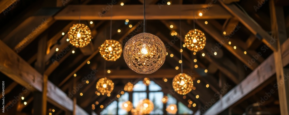 Obraz premium Rustic wooden ceiling with decorative hanging lights in cozy atmosphere