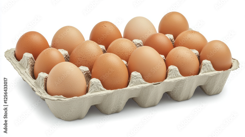 Open egg box with ten brown eggs isolated on white background with clipping path. Fresh organic chicken eggs in carton pack or egg container with copy space Open egg box with ten brown eggs isolated on white background with clipping path. Fresh organic chicken eggs in carton pack or egg container with copy space