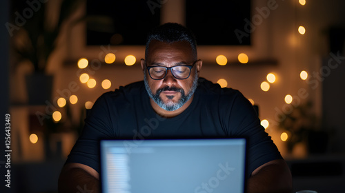 Man working late at night in a dimly lit room with bokeh background. Focused on the laptop in front of him, illuminated by the screen.