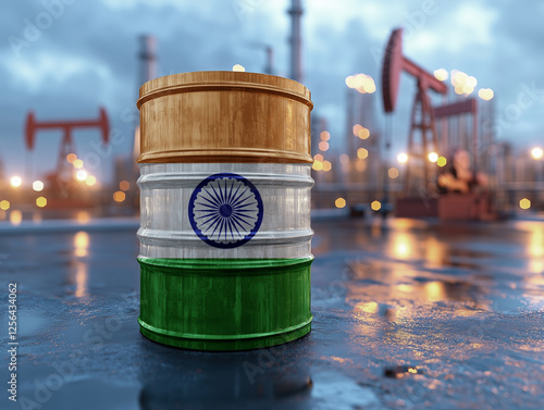 Oil barrel with flag of india stands on the ground. With oil pumps and oil production in the background. Generative Ai
