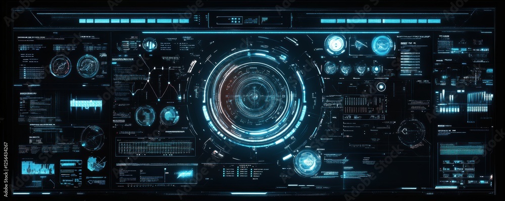 Futuristic digital interface with holographic circular display and data visualizations Futuristic digital interface with holographic circular display and data visualizations