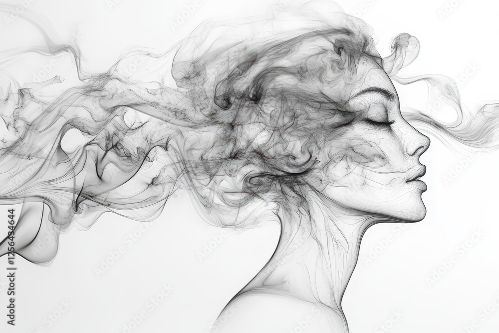 Abstract Art Depicting a Woman's Profile Blending with Whimsical Smoke-Like Swirls Against a Minimalistic White Background Creating a Surreal Effect Abstract Art Depicting a Woman's Profile Blending with Whimsical Smoke-Like Swirls Against a Minimalistic White Background Creating a Surreal Effect