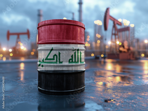 Oil barrel with flag of iraq stands on the ground. With oil pumps and oil production in the background. Generative Ai