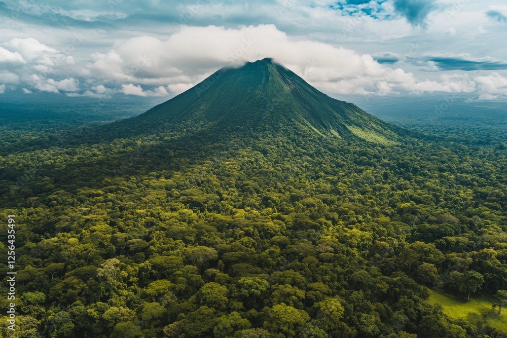 Naklejka premium Stunning aerial view of lush green mountain landscape with rocky formations and dense forest