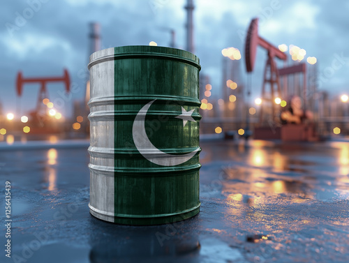 Oil barrel with flag of pakistan stands on the ground. With oil pumps and oil production in the background. Generative Ai