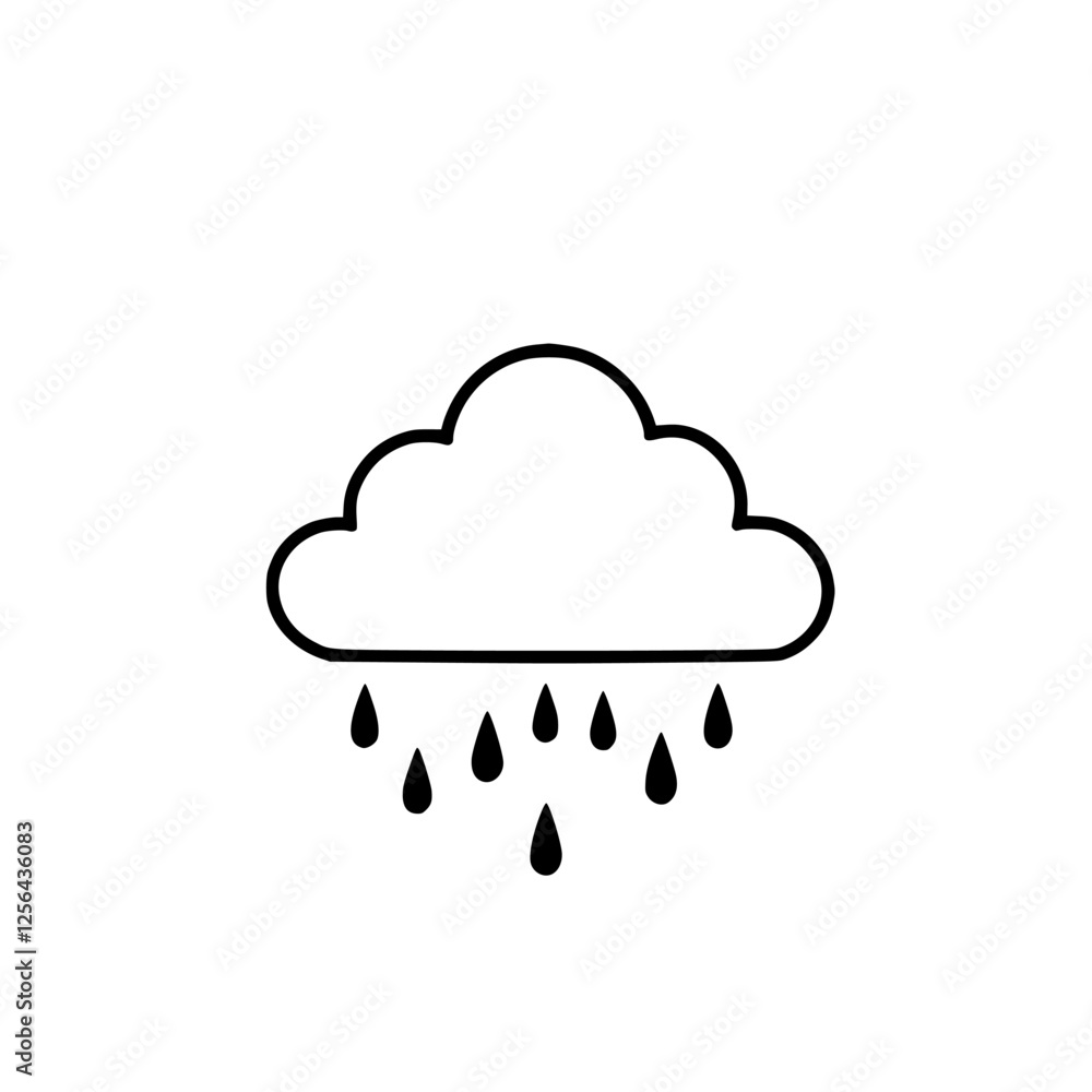 Minimalist drawing of a cloud with raindrops falling on a white background.