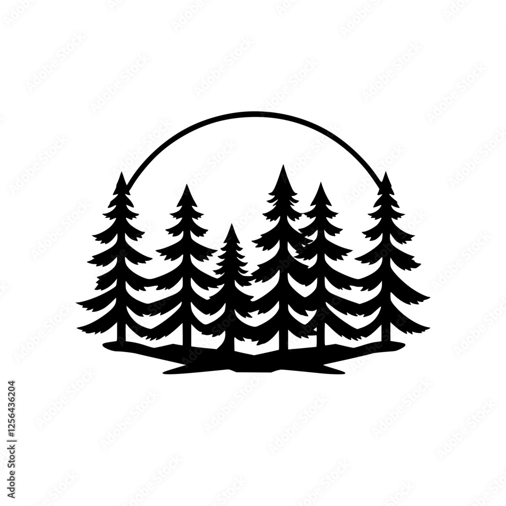 Obraz premium Black and white minimalist silhouetted fir tree cluster enclosed in a circle.