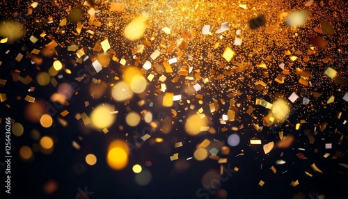 Shiny golden and multicolored confetti raining down against a dark background, with a soft bokeh effect for a dreamy, celebratory feel