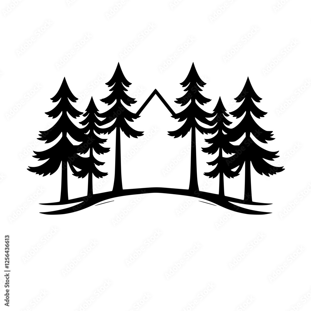 Obraz premium Minimalist black and white silhouette of a mountain scene with trees.