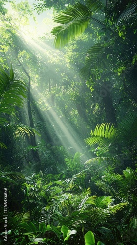 Lush Green Tropical Rainforest with Sunlight Beaming Through Dense Foliage Creating a Serene Jungle Atmosphere
