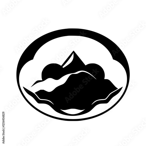 Mountain silhouette emblem enclosed in a black oval frame, highlighting mountain peak rising above stylized cloud.