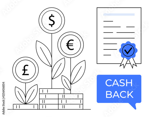 Coin plants dollar, euro, pound emerging from stacked coins, certified document with blue seal, cash back tag. Ideal for finance, investing, savings, growth security reliability certification