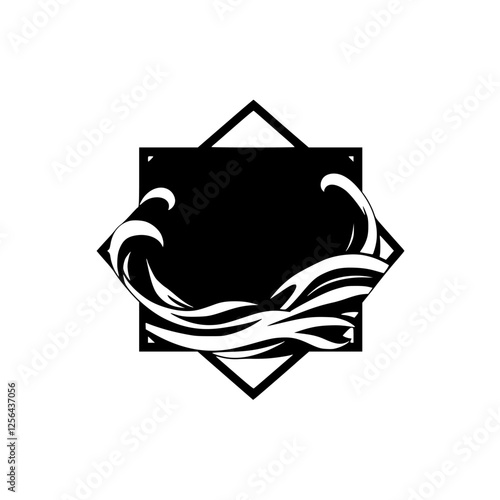 Abstract black and white symmetrical representation of water and waves within a framed outline.