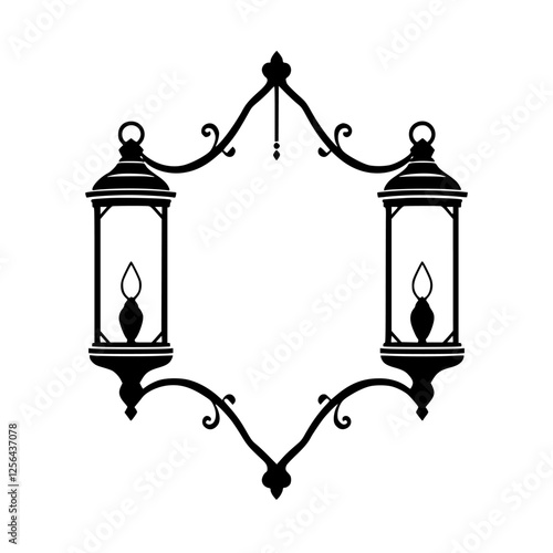 Intricate black silhouette of a decorative chandelier with two lanterns illuminated.