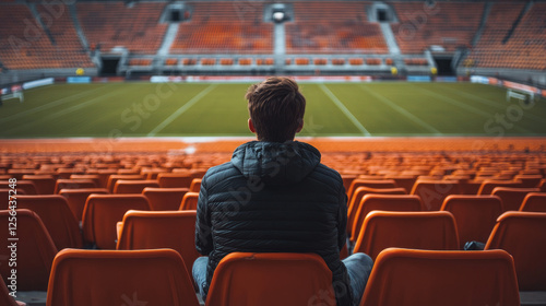 A lonely man is sitting and watching a sports competition alone on a large empty grandstand. Competition and other mass events during the lockdown.