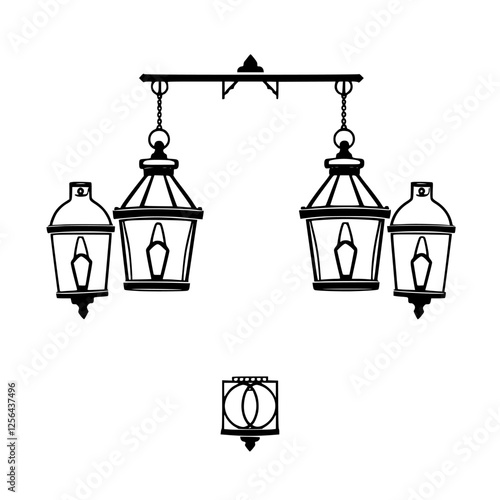 Black ink drawing of hanging lanterns on a white background with a simple, elegant street light and an additional small lantern.