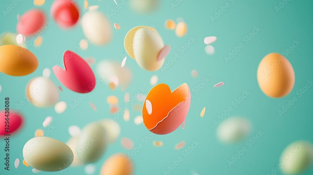 A flock of eggs soaring through the sky, each half adorned with a heart A flock of eggs soaring through the sky, each half adorned with a heart