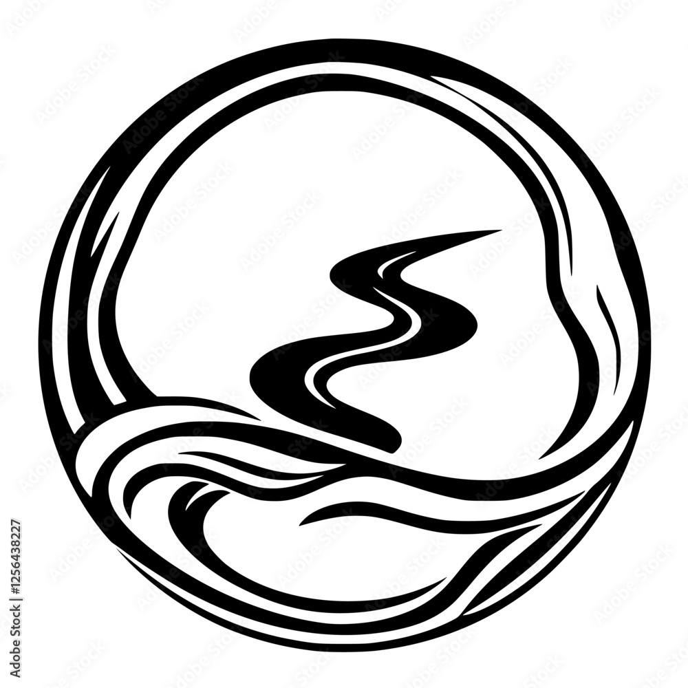 Black and white graphic of a winding river shape framed by a circle, symbolizing nature, flowing water, and waves. Black and white graphic of a winding river shape framed by a circle, symbolizing nature, flowing water, and waves.