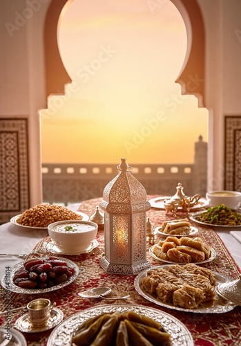 A Ramadan feast in a desert setting, illuminated by a beautiful lantern.