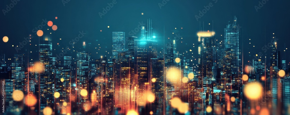 Futuristic neon cityscape with abstract light bokeh and modern skyscrapers at night Futuristic neon cityscape with abstract light bokeh and modern skyscrapers at night