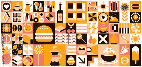 Mosaic food naive background. Brutal geometric shapes. Minimalistic postmodern abstract shapes, swiss banner design, basic geometry, modern primitive blocks, art nouveau elements.
