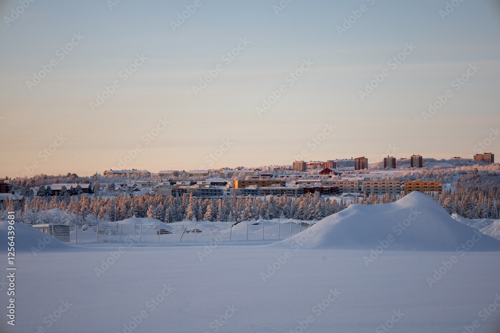 Obraz premium Kiruna, Sweden - January 24, 2025: View the of the new city center of Kiruna in cold weather.