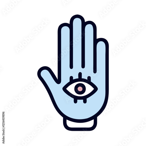Stylized blue hand with eye for palm reading in minimalist design for fortune telling and spirituality icons