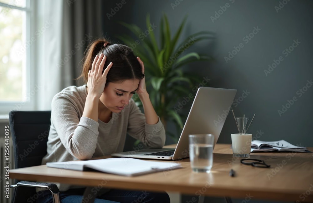 Exhausted woman sits at office desk. Closed laptop shows tiredness of overwork, stress, problems, inspiration lack. Female student suffers pro burnout at workplace. Headache, frustration, fatigue. Exhausted woman sits at office desk. Closed laptop shows tiredness of overwork, stress, problems, inspiration lack. Female student suffers pro burnout at workplace. Headache, frustration, fatigue.