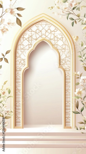 Elegant Islamic Archway Frame with Floral Embellishments and Blank Mirror Display for Eid Mubarak and Ramadan Kareem Celebrations with Copy Space on Soft Beige Background