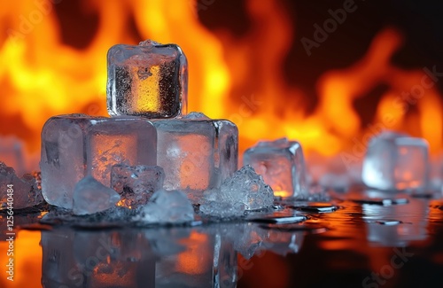 Ice cubes on fire background. Cold transparent ice reflects flame. Concept of hot and cold fusion, warm drink, freeze, summer heat. Whiskey glass, vodka ad, ice art. photo